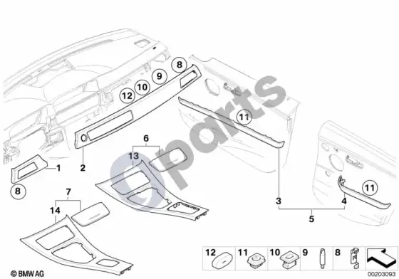 BMW 3 E90 E91 aukštos kokybės medienos apdaila, riešutmedis – schema