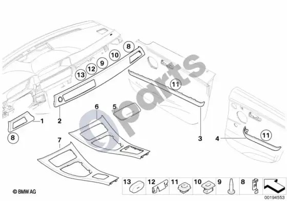 BMW 3 E90 E91 salono apdailos juostelės, platin-bronze – schema