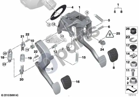 BMW 3 E90 E91 pedalų mazgas su pagalbine perlenkimo spyruokle – schema