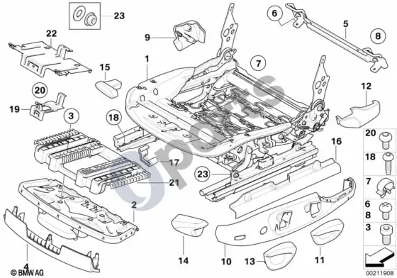 BMW 3 E90 E91 priekinės sėdynės bėgelis, mechaninis / atskiros dalys – schema