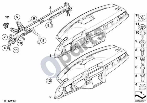 BMW 3 E90 E91 prietaisų skydelio apdailos skydelis, atraminis vamzdis – schema