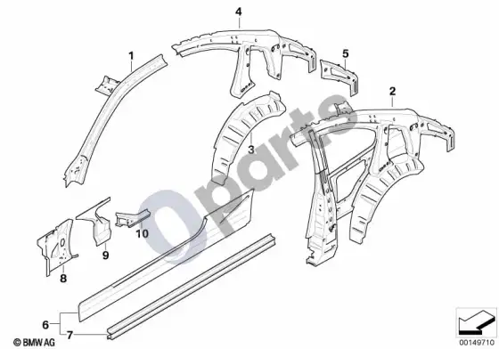 BMW 3 E92 E93 atskiros šoninio kėbulo rėmo dalys – schema