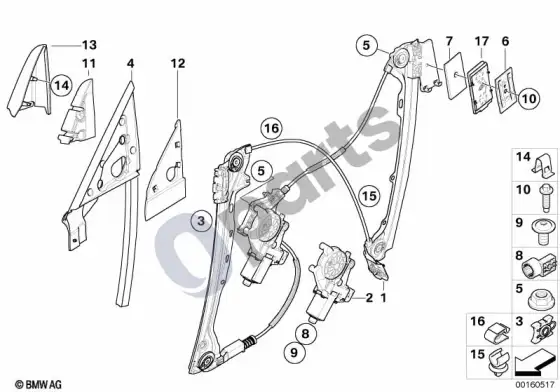BMW 3 E92 E93 priekinis durų stiklo pakėlimo mechanizmas (E92 316I, E93 320D) – schema