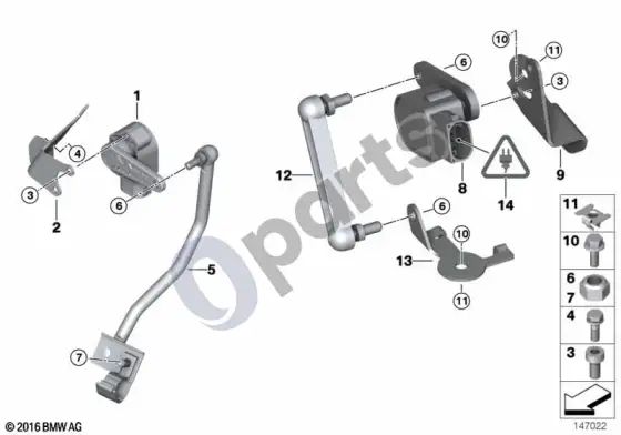 BMW 3 E92 E93 žibintų vertikalaus nuokrypio reguliavimo jutiklis, 4 ratų – schema