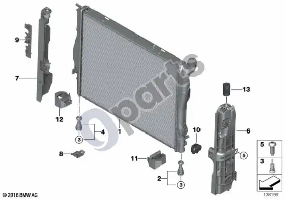 BMW 3 E92 E93 radiatoriaus tvirtinimo detalės (E92 335D) – schema