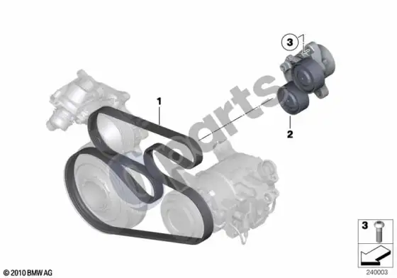 BMW 3 E92 E93 kondicionieriaus kompresoriaus pavara diržu (E92 LCI 320D) – schema