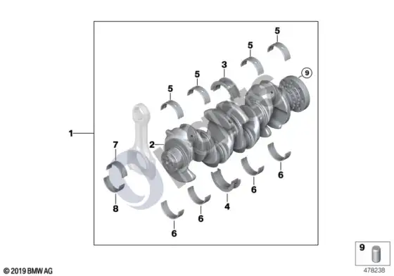 BMW 3 E92 E93 alkūninis velenas su guolių įdėklais (E92 LCI 320XD, E92 LCI 320D, E92 320XD, E92 320D, E93 320D) – schema