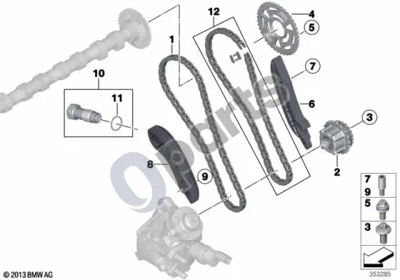 BMW 3 E92 E93 paskirstymo pavaros grandinė, viršutinė – schema