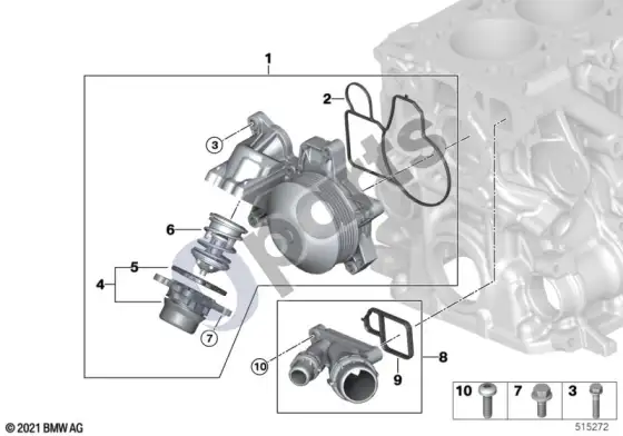 BMW 3 E92 E93 vandens siurblys - termostatas (E92 LCI 330XD, E92 LCI 325D, E92 LCI 330D, E92 330DN57, E92 330XDN57, E93 330DN57) – schema