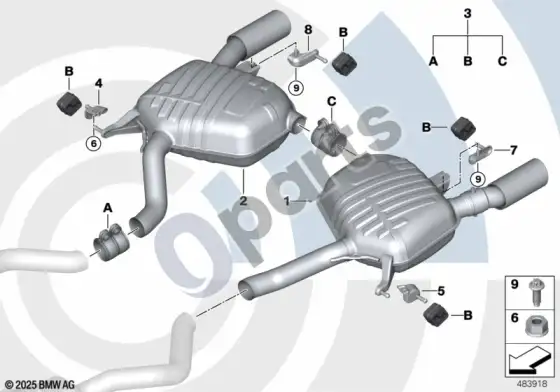 BMW 3 E92 E93 galinis duslintuvas ir montavimo komplektas – schema