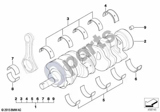 BMW 3 E92 E93 alkūninis velenas su guolių įdėklais (E92 LCI M3, E92 M3, E93 M3) – schema