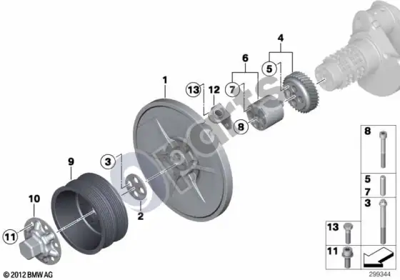 BMW 3 E92 E93 diržinė pavara, vibracijų slopintuvas (E92 LCI M3, E92 M3, E93 M3) – schema