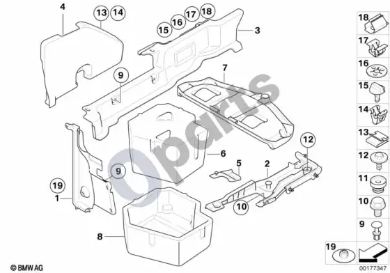 BMW 3 E92 E93 bagažinės grindų skydo tvirtinimo detalės (E93 320D) – schema