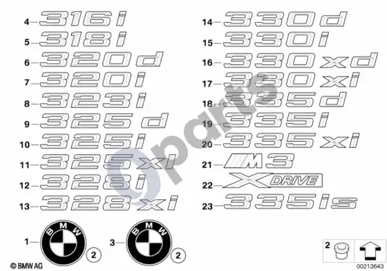 BMW 3 E92 E93 emblemos / užrašai (E93 320D) – schema