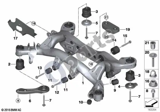 BMW 3 E92 E93 galinės ašies rėmas (E93 320IN46N, E93 320IN43, E93 325IN52N, E93 330IN52N, E93 325IN53, E93 330IN53, E93 328I) – schema