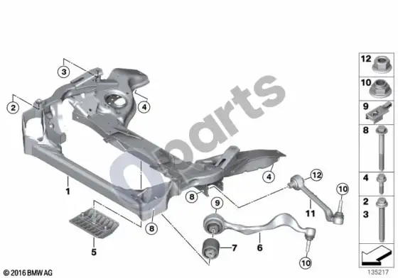 BMW 3 E92 E93 priekinės ašies atrama, skersinis svertas / įtempimo trauklė (E93 320IN46N, E93 320IN43, E93 325IN52N, E93 330IN52N, E93 330DM57N2, E93 325IN53, E93 330IN53, E93 328I) – schema