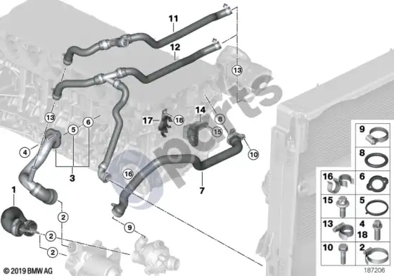 BMW 3 E92 E93 aušinimo sistemos vandens žarnos (E93 328I) – schema