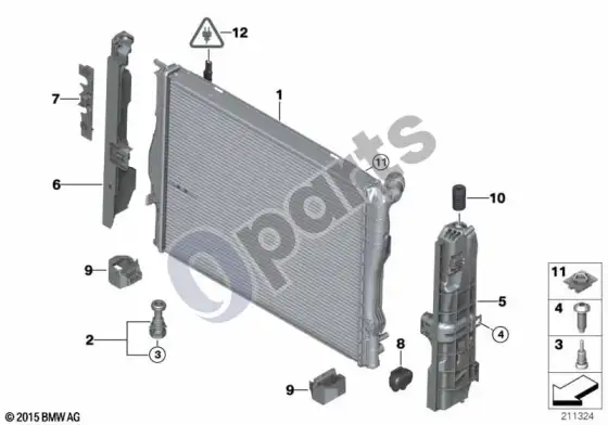 BMW 3 E92 E93 radiatoriaus tvirtinimo detalės (E93 328I) – schema