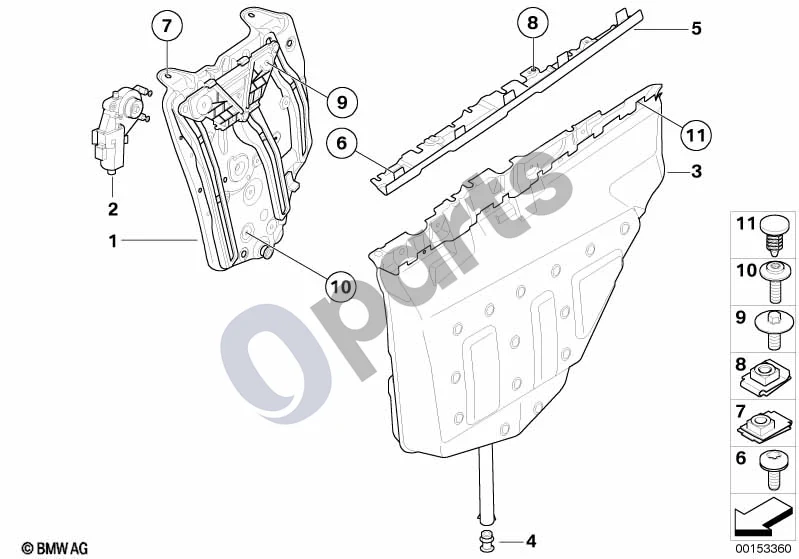 BMW 3 E92 E93 (2005–2014) Galinis durų stiklo pakėlimo mechanizmas schema – pozicija 10: Torx varžtas su poveržle