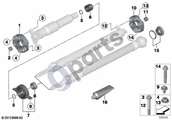 BMW 3 F30 F35 F31 kardaninis velenas, atskiri komponentai – schema