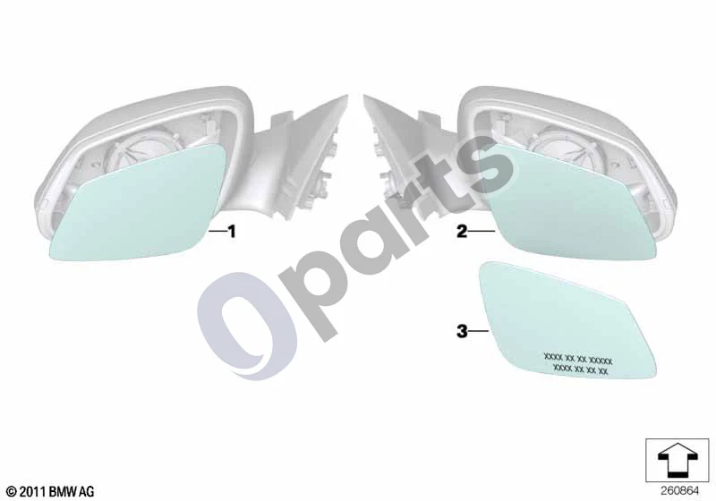 BMW 3 F30 F35 F31 (2012–2018) Veidrodėlio stiklas schema – pozicija 02: Veidrodėlio stiklas, šildomas, išgaubtas, dešinys