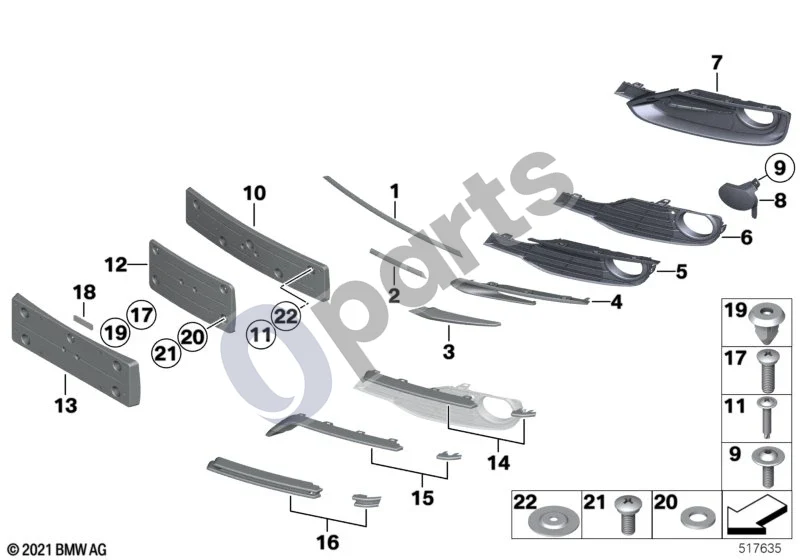 BMW 3 F30 F35 F31 (2012–2018) Apdailos skydelis, apdailos elementai, priekiniai schema – pozicija 04: Oro įsiurbimo apdaila, dešinė (LUXURY)