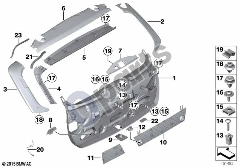 BMW 3 F30 F35 F31 (2012–2018) Bagažinės dangčio apdailos plokštė schema – pozicija 13: Plečiamoji veržlė