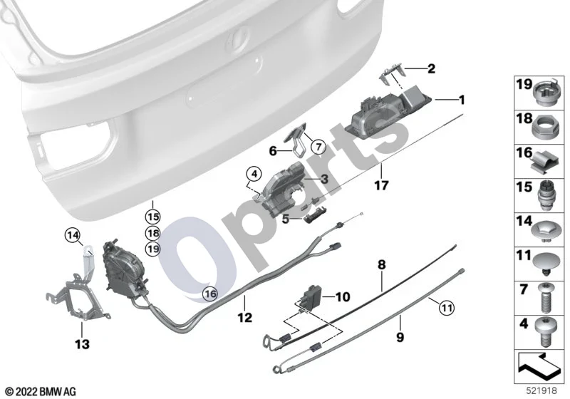 BMW 3 F30 F35 F31 (2012–2018) Bagažinės dangtis / uždarymo sistema schema – pozicija 08: Jutiklio laidas, Smart Opener, viršutinis
