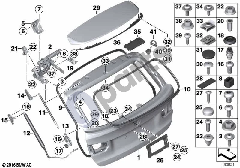 BMW 3 F30 F35 F31 (2012–2018) Bagažinės dangtis schema – pozicija 25: Dengiamasis dangtelis (DUNKELBLAU)