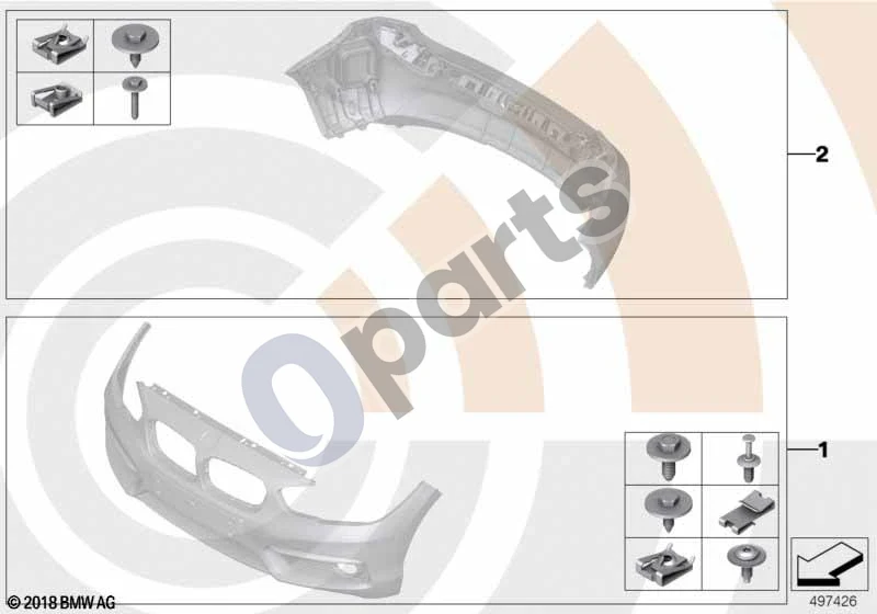 BMW 3 F30 F35 F31 (2012–2018) Bamperio montavimo komplektas schema – pozicija 01: Tvirtinimo detalių komplektas, priekinis bamperis (VALUE PARTS)