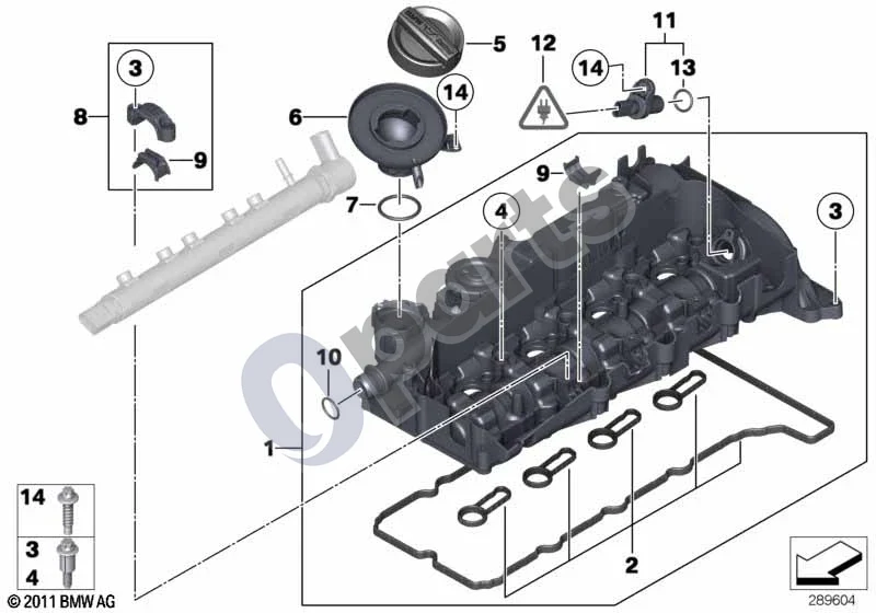 BMW 3 F30 F35 F31 (2012–2018) Cilindrų galvutės dangtis (N47N) schema – pozicija 11: Skirstomojo veleno jutiklis