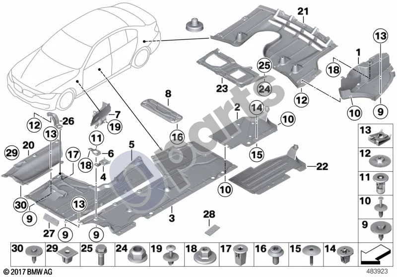 BMW 3 F30 F35 F31 (2012–2018) Dugno apsauginė danga schema – pozicija 29: Plečiamoji veržlė