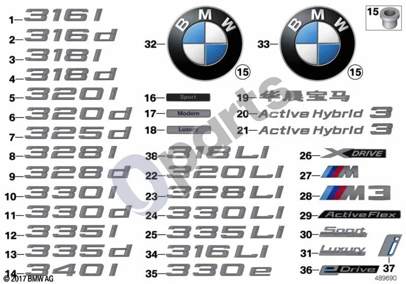 BMW 3 F30 F35 F31 (2012–2018) Emblemos / užrašai schema – pozicija 33: Lentelė (BMW Ø 74MM)