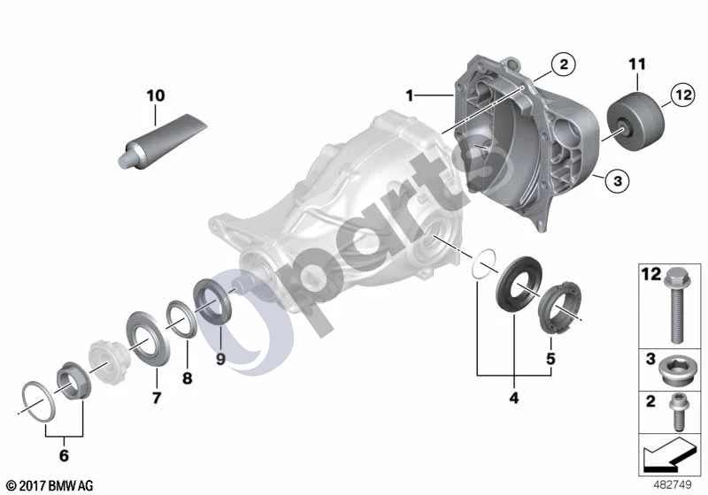 BMW 3 F30 F35 F31 (2012–2018) Galinės ašies pavaros dalys (F30) schema – pozicija 07: Dulkių skydelis, plastikinis (HAG188/190)