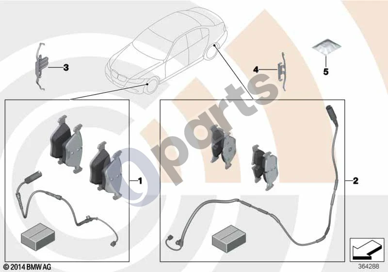 BMW 3 F30 F35 F31 (2012–2018) Stabdžių trinkelių techninės priežiūros komplektas (F30) schema – pozicija 02: Stabdžių kaladėlių komplektas su kaladėlių nusidėvėjimo jutikliu (VALUE PARTS)