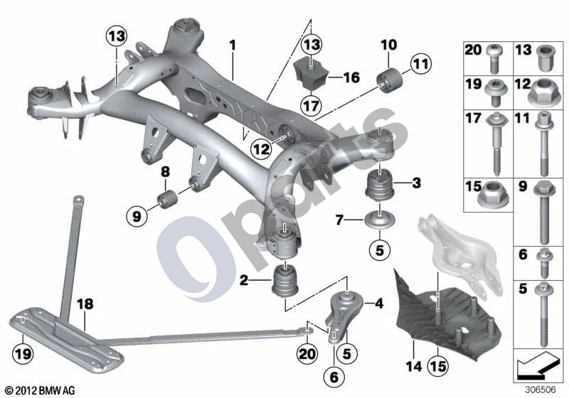 BMW 3 F30 F35 F31 (2012–2018) Galinės ašies rėmas (F31) schema – pozicija 03: Galinė guminė atrama