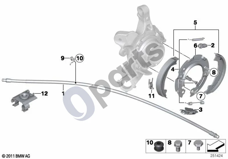 BMW 3 F30 F35 F31 (2012–2018) Stovėjimo stabdys / stabdžių trinkelės (F31) schema – pozicija 05: Remonto komplektas, stabdžių trinkelės be asbesto