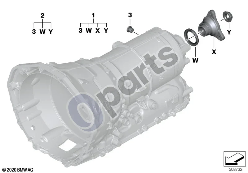BMW 3 F30 F35 F31 (2012–2018) GA8HP45Z išėjimo velenas schema – pozicija 01: Išėjimo flanšo remonto komplektas (LK=96MM)