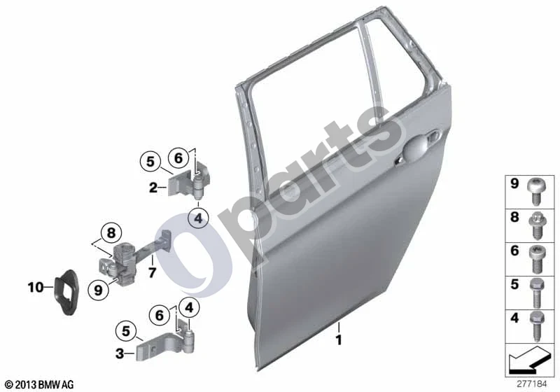 BMW 3 F30 F35 F31 (2012–2018) Galinės durys – vyris/durų ribotuvas schema – pozicija 03: Galinių durų vyris, apatinis, kairys