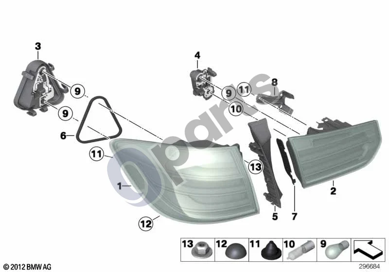 BMW 3 F30 F35 F31 (2012–2018) Galinis žibintas schema – pozicija 10: Ilgaamžė lemputė (12V 21W H21W)