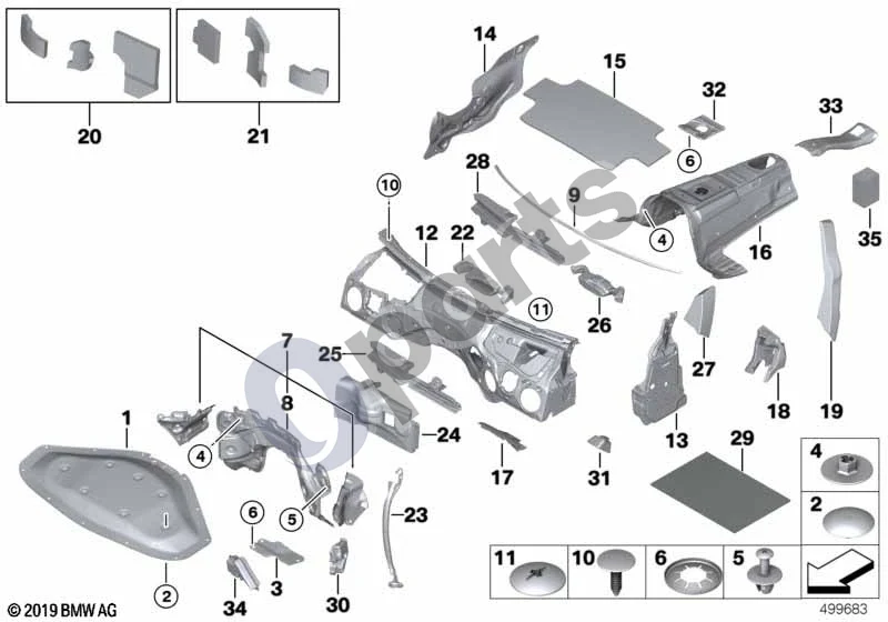 BMW 3 F30 F35 F31 (2012–2018) Garso izoliacija, priekis schema – pozicija 11: Mygtukas, pilkas