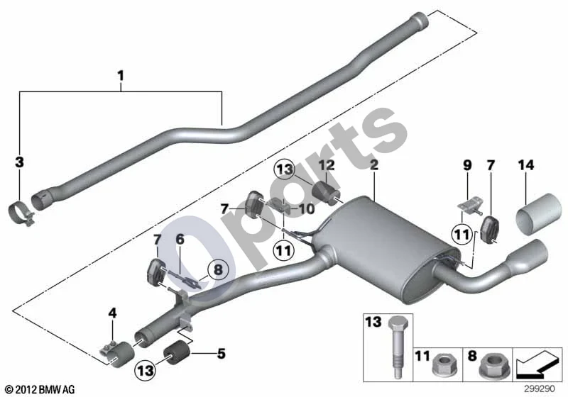 BMW 3 F30 F35 F31 (2012–2018) Išmetimo sistema, galinė (B47) schema – pozicija 10: Galinio duslintuvo laikiklis, dešinys