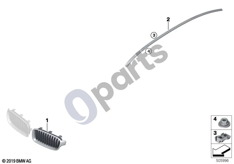 BMW 3 F30 F35 F31 (2012–2018) Išorės apdaila / grotelės schema – pozicija 01: Grotelės, priekinės, dešinės (MODERN)