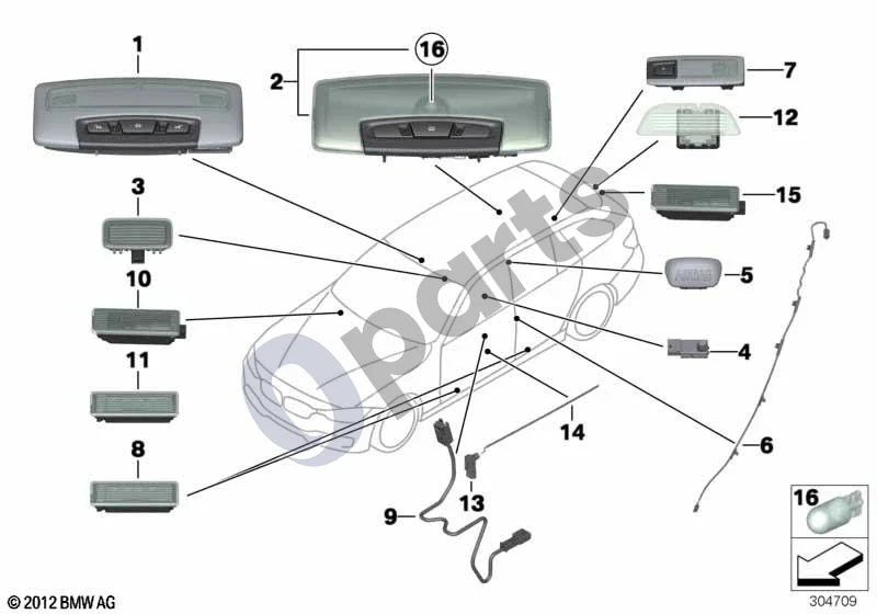 BMW 3 F30 F35 F31 (2012–2018) Įvairios lemputės schema – pozicija 10: Salono apšvietimas (5W TRÜB)