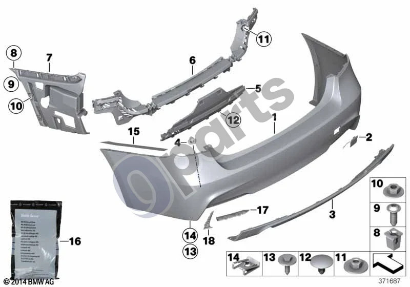 BMW 3 F30 F35 F31 (2012–2018) M apdailos plokštė, galinė schema – pozicija 02: Vilkimo kilpos dangtelis, gruntuotas (M)