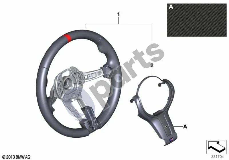 BMW 3 F30 F35 F31 (2012–2018) M Performance vairas II be ekrano schema – pozicija 02: Vairo apdaila, anglies pluošto (M PERFORMANCE)