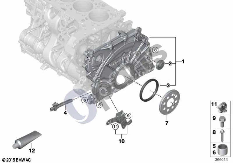 BMW 3 F30 F35 F31 (2012–2018) Paskirstymo mechanizmo korpusas (B47) schema – pozicija 04: Alkūninio veleno jutiklis