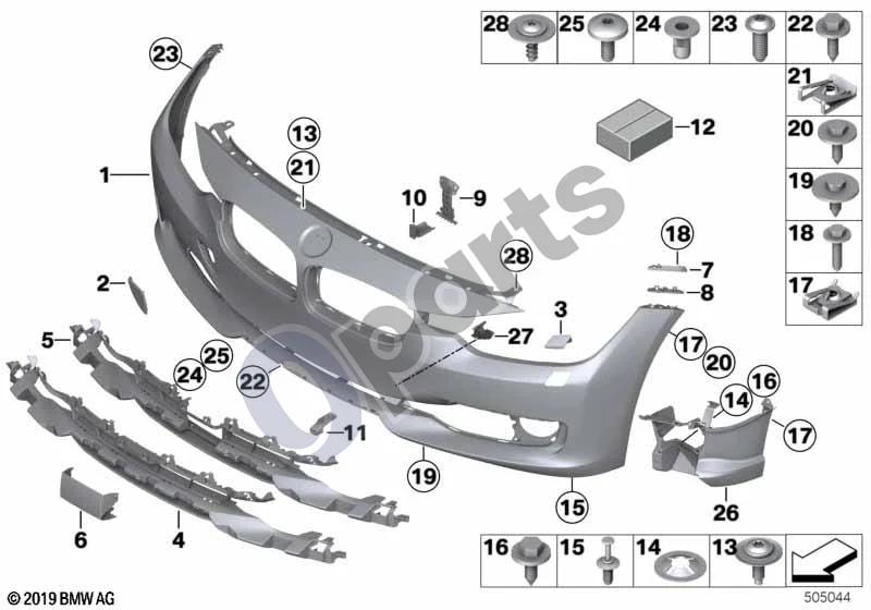 BMW 3 F30 F35 F31 (2012–2018) Priekinė apdailos plokštė schema – pozicija 01: Bamperio apdaila, gruntuota, priekinė (BASIS)