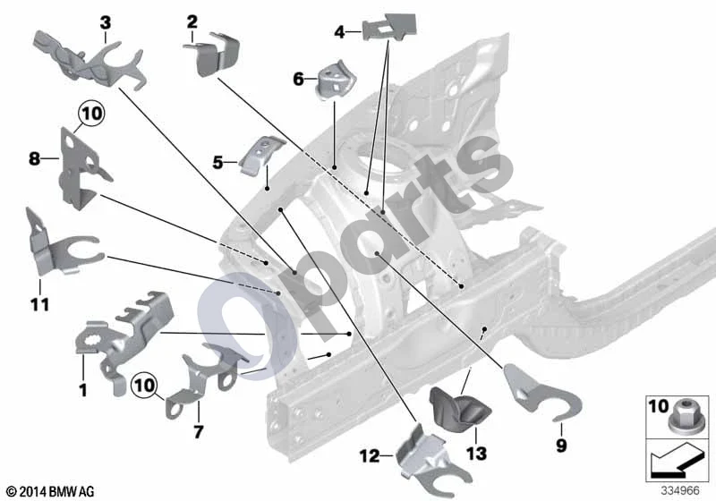 BMW 3 F30 F35 F31 (2012–2018) Priekinis kėbulo laikiklis, dešinys schema – pozicija 01: Dešinysis stabdžių žarnelės laikiklis