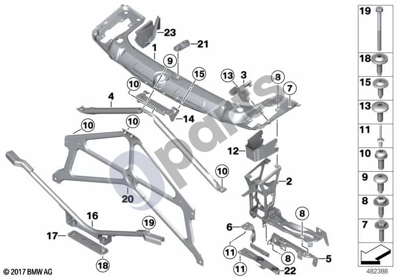 BMW 3 F30 F35 F31 (2012–2018) Priekinis skydas schema – pozicija 08: Varžtas su įleidžiama galvute (M6X20)